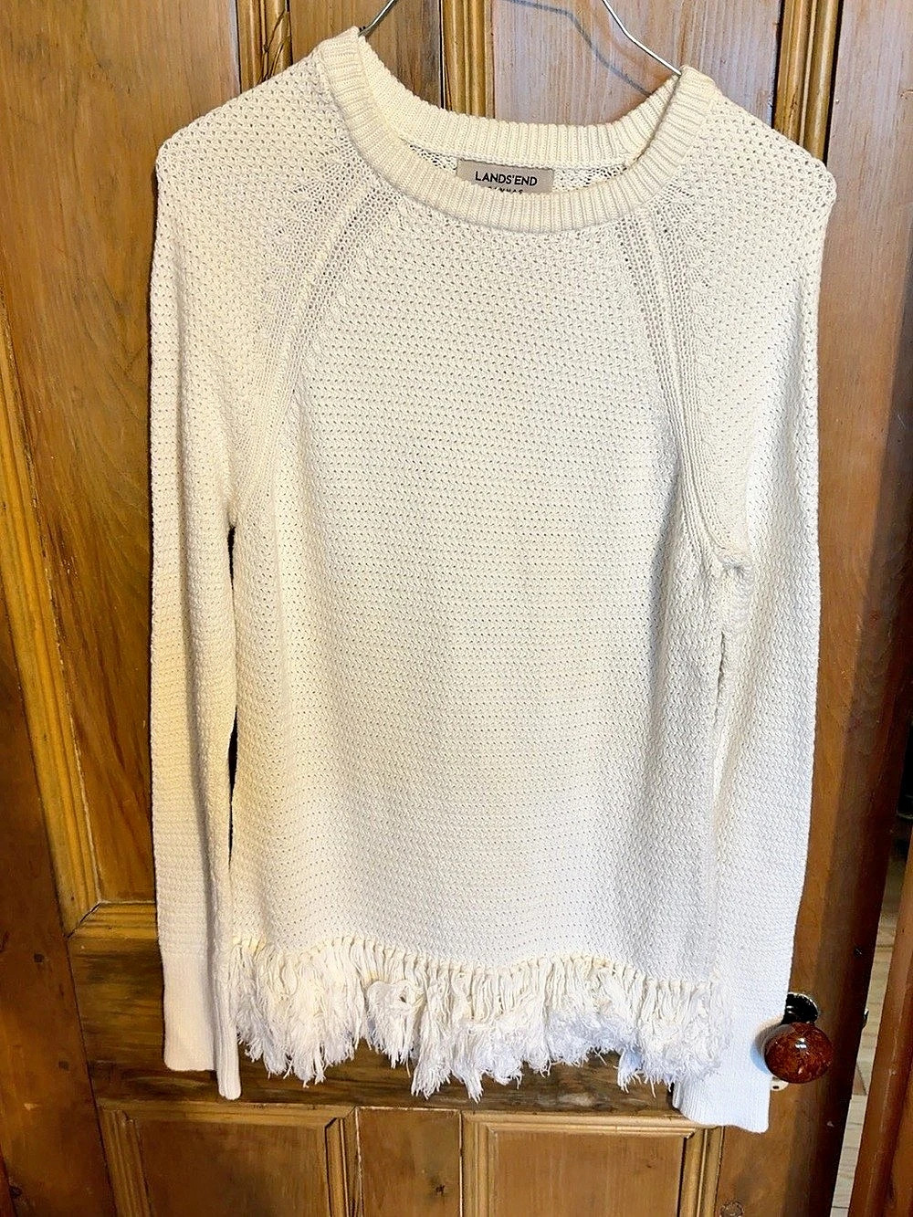 Lands’ End Canvas women’s medium ivory textured knit fringe hem sweater
